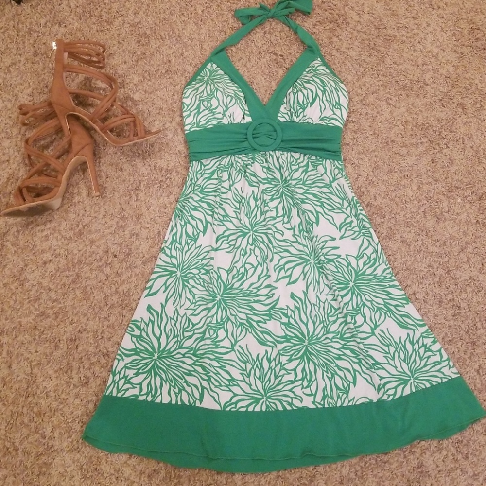 Fun and Flirty Kelly Green and White Halter Dress